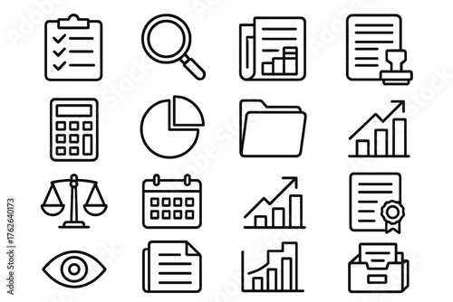 Audit outline icon set: checklist, magnifying glass, bar chart, clipboard, document, calculator, pie chart, folder, stamp, balance scale, calendar, report sheet, upward arrow,