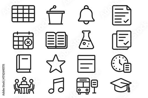 Academic Scheduling outline icon set: class timetable, lecture podium, school bell, syllabus sheet, exam calendar, study planner, lab beaker, assignment paper, library book,