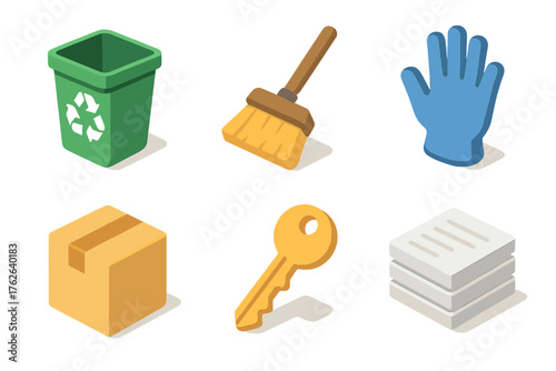 Pickup set icons in modern isometric flat vector style: recycling bin, broom, glove, delivery box, key, paper stack.