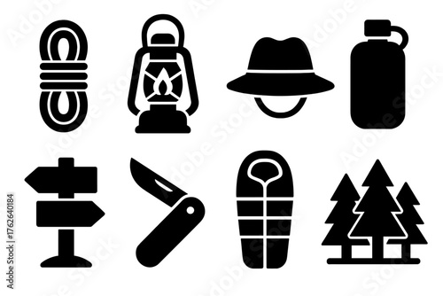Expedition silhouette set: rope, lantern, hat, water bottle, trail sign, pocket knife, sleeping bag, forest.