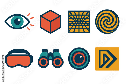 Visual perception flat icons: eye with focus lines, 3D cube, perspective grid, illusion spiral, VR headset, binoculars, camera lens, optical illusion.