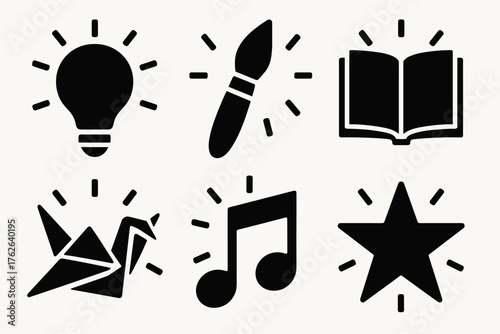 Creativity sparks silhouette set: light bulb, paintbrush, open book, origami crane, music note, star.
