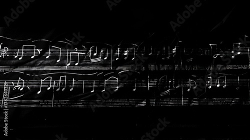 Abstract Music Notes and Staff Lines on Black Background, High Contrast White Musical Score Sheet