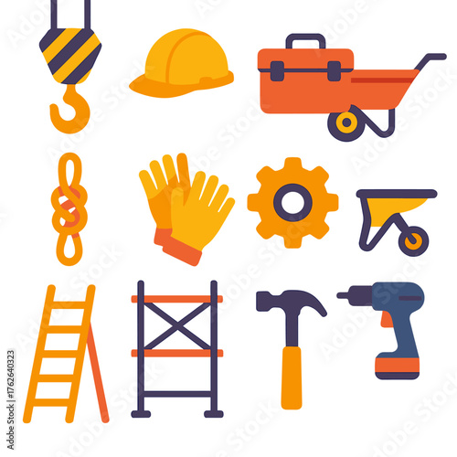 Material handling flat icons: crane hook, hard hat, toolbox, wheelbarrow, rope knot, safety gloves, gear, cart, ladder, scaffolding, hammer, drill.