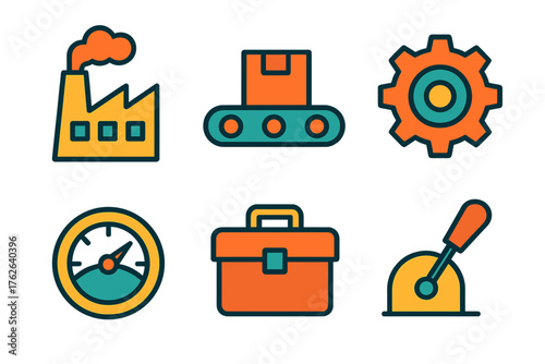 Industrial process flat icons: factory, conveyor belt, cogwheel, gauge, toolbox, lever.