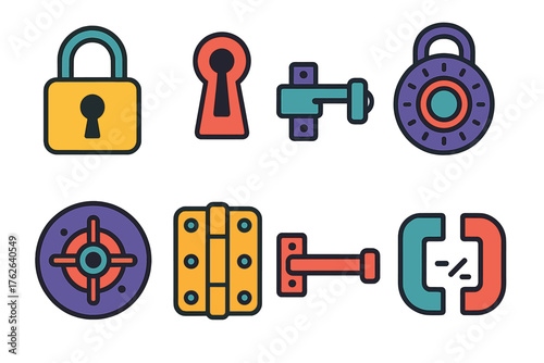 Locking mechanism flat icons: padlock, keyhole, latch, combination dial, vault door, hinge, bolt, magnetic lock.
