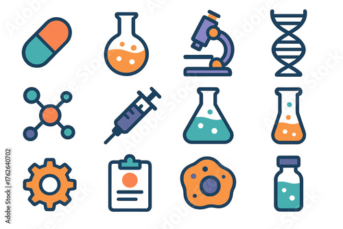 Pharmaceutical R&D flat icons: pill, flask, microscope, DNA helix, molecule, syringe, beaker, test tube, gear, clipboard, cell, vial. , , High resolution, sharp vector-like