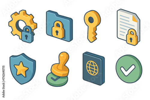 Permissions set icons in modern isometric flat vector style: gear with lock, secure file, keyhole, contract paper, shield with star, approved stamp, passport, checkmark.