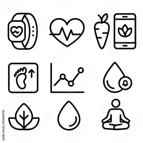 Smart Health outline icon set: wearable band, heart pulse, nutrition icon, mindfulness app, step counter, data graph, water reminder, wellness symbol. , , High resolution, sharp
