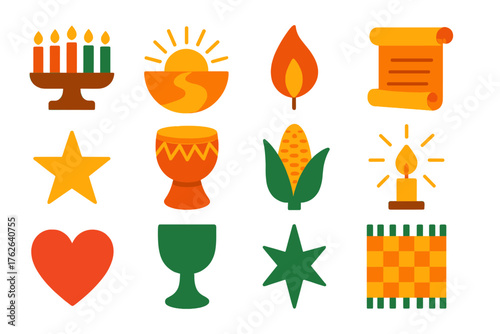 Kwanzaa Inspiration flat icons: kinara, rising sun, path, flame, scroll, heart, unity cup, star, drum, woven mat, corn, guiding light. , , High resolution, sharp vector-like