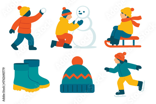 Winter Snow Activities flat icons: snowball toss, snow sculpture, sled ride, skating rink, winter boots, wool hat. , , High resolution, sharp vector-like appearance, ideal for UI