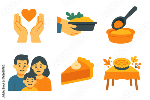Thanksgiving Sharing flat icons: giving thanks, exchanging food, serving spoon, happy family, pie slice, decorated table. , , High resolution, sharp vector-like appearance, ideal
