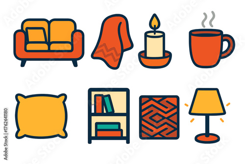 Home Comfort flat icons: cozy sofa, warm blanket, candlelight, steaming mug, soft pillow, bookshelf, rug pattern, glowing lamp. , , High resolution, sharp vector-like appearance,