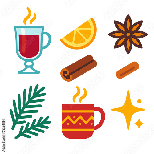 Christmas Market Mulled Wine flat icons: steaming glass, citrus garnish, cinnamon stick, anise flower, pine sprig, mug with pattern, warm drink swirl, holiday sparkle. , , High