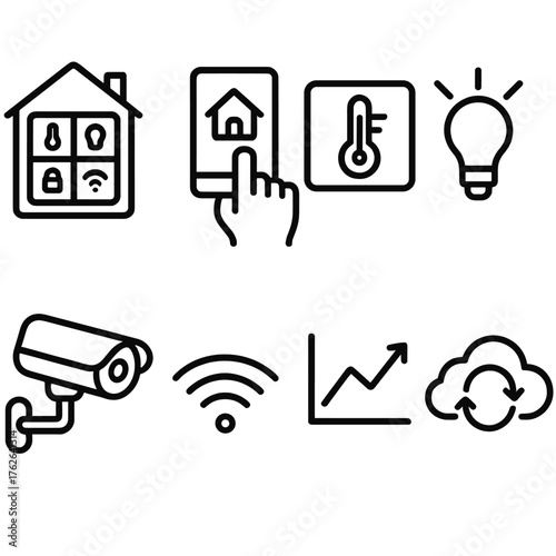 Home Dashboards outline icon set: home control panel, touchscreen, thermostat, light icon, security camera, Wi-Fi, chart lines, cloud sync. , , High resolution, sharp vector-like