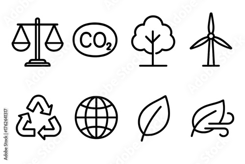 Carbon Neutrality outline icon set: balanced scale, CO2 icon, tree symbol, renewable energy, recycling arrows, globe, green leaf, clean air. , , High resolution, sharp vector-like