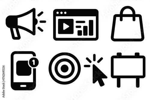 Online Promotion silhouette set: megaphone icon, social media ad, analytics bar, shopping bag, mobile notification, target circle, mouse click, ad panel. , , High resolution, sharp