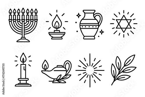 Hanukkah Light of Wonder outline icon set: menorah flames, ancient jar, spark of light, night sky, faith symbol, candle holder, olive leaf, shining aura. , , High resolution, sharp