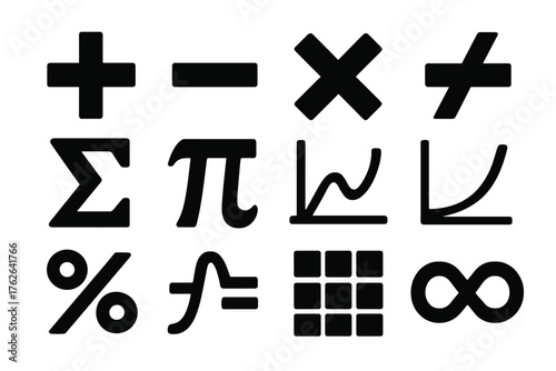 Mathematical computation silhouette set: plus sign, minus sign, multiplication cross, division slash, sigma symbol, pi symbol, graph, function curve, percentage, equation, matrix