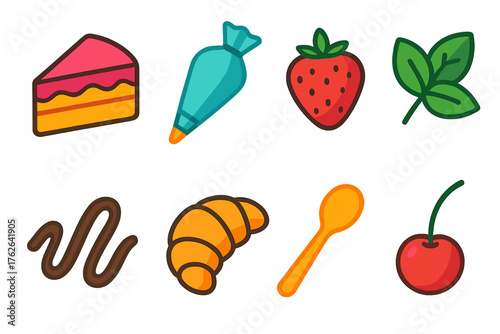 Dessert Styling flat icons: cake slice, icing bag, strawberry, mint leaf, chocolate drizzle, pastry, spoon, cherry.