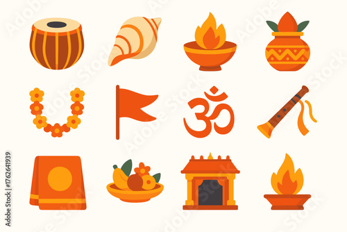 Traditional Ceremony Set flat icons: drum, conch shell, fire bowl, decorated pot, garland, flag, chanting symbol, music instrument, ceremonial cloth, offering plate, temple gate,