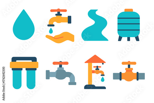 Water Access flat icons: droplet, faucet, hand catching water, river, tank, water filter, pipe valve, community tap.