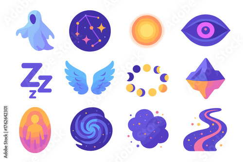 Astral Realm Collection flat isometric set: spirit figure, star map, glowing orb, third eye, sleep symbol, wings, moon phases, floating mountain, aura field, galaxy spiral,