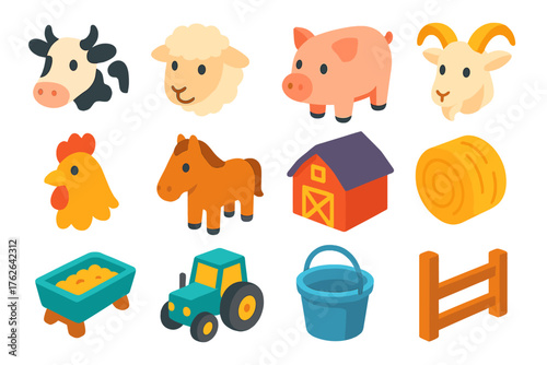 Livestock flat isometric set: cow icon, sheep head, pig, goat horns, chicken rooster, horse, barn house, hay bale, feed trough, tractor, water bucket, fence rail.