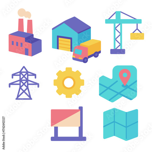 Zoning flat isometric set: factory, warehouse, crane, truck, power line, gear, boundary sign, map.