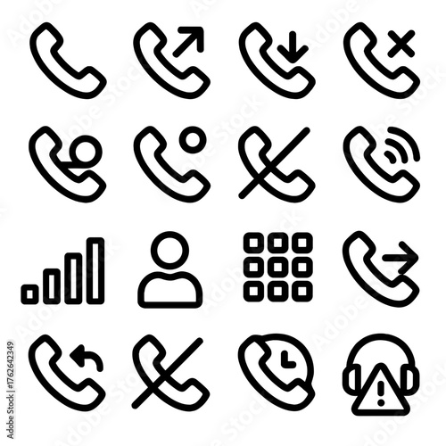 Minimal Line Call Icons silhouette set: simple phone outline, call arrow up, call arrow down, missed call x mark, voicemail circle, phone alert dot, silent phone, ringing outline,