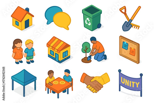 Neighborhood Support Set flat isometric set: house, chat bubbles, garden tools, recycling bin, children, local store, tree planting, community board, event tent, shared meal,