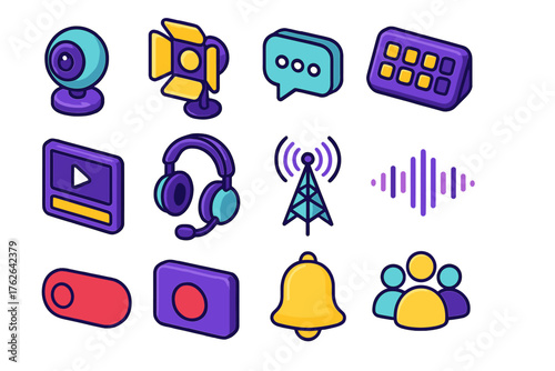 Online Streaming Icons flat isometric set: webcam, spotlight, chat overlay, stream deck, thumbnail preview, headset, broadcast tower, sound wave, live ticker, recording light,