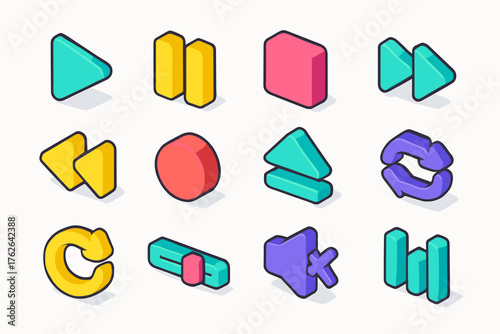Media Control Icons flat isometric set: play button, pause, stop, fast forward, rewind, record, eject, shuffle, repeat, volume slider, mute speaker, equalizer.