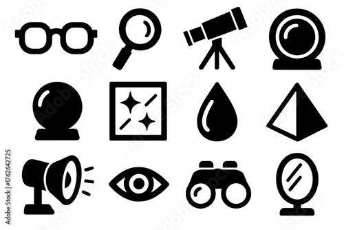 Visual clarity silhouette set: eyeglasses, magnifying glass, telescope, camera lens, crystal ball, clean window, clear drop, prism, spotlight, eye, binoculars, mirror.