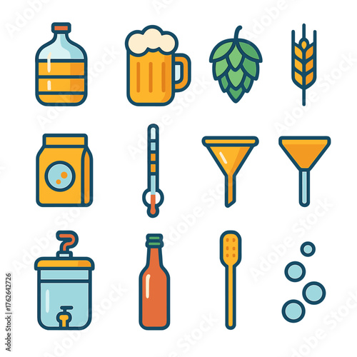 Home Brewing Icons flat icons: glass carboy, beer mug, hops cone, barley grain, yeast packet, hydrometer, thermometer, funnel, fermentation bucket, corked bottle, stirring paddle,