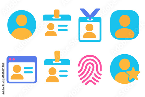 User Identity flat icons: person silhouette, ID card, badge, avatar, fingerprint, profile window, name tag, star.