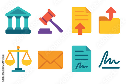 Appeals flat icons: courthouse, gavel, document, upward arrow, folder, scales, envelope, signature.