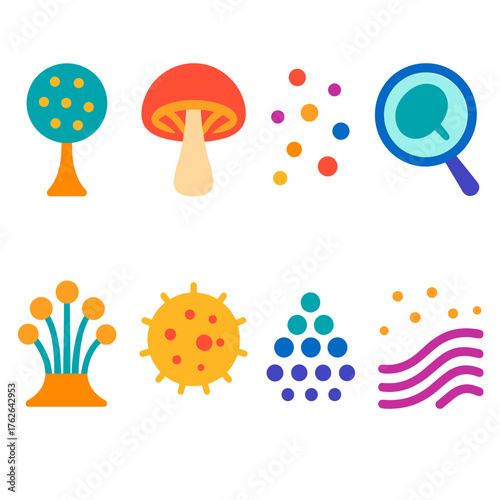 Spore flat icons: sporangium, mushroom with gills, scattered dots, magnified cell, fungal bloom, pollen orb, tiny sphere cluster, spreading wave.