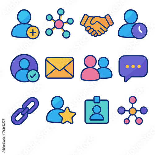 Connection Requests flat isometric set: add contact, network hub, handshake emoji, pending request, approval check, envelope mail, connected users, message bubble, chain link,