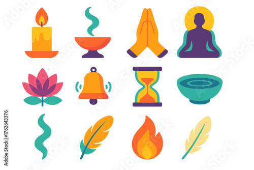 Candlelight Spirit – Sacred Calm flat icons: altar candle, incense burner, folded hands, meditating figure, lotus flower, glowing aura, bell chime, sand hourglass, calm water bowl,