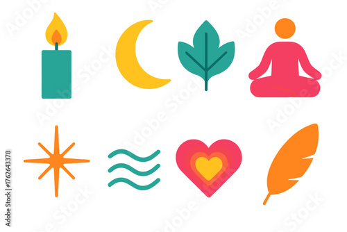 Candlelight Peace flat icons: candle flame, moon, leaf, meditating figure, spark, gentle waves, heart glow, feather.