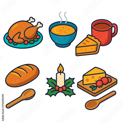 Winter Traditions Seasonal Feasts flat isometric set: roasted turkey platter, soup bowl with steam, pie slice, hot cider mug, bread loaf, candle centerpiece, cheese board, wooden