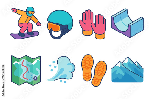 Slopes & Trails Snowboard Fun flat isometric set: snowboarder jump, helmet, gloves, halfpipe, trail map, snow spray, boot prints, ridge view.