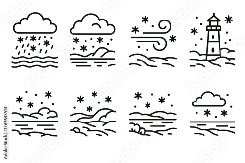 Lake Effect Snow outline icon set: snow squall over water, frozen lake, drifting snow, cold breeze, lighthouse in snow, snowy shore, icy horizon, winter sky.