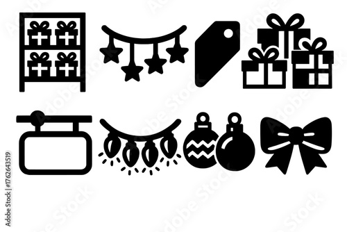 Holiday Merchandising silhouette set: product stand, garland decor, price tag, wrapped boxes, store sign, glowing lights, ornaments, festive bow.