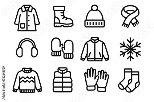 Snow Day Looks outline icon set: coat, snow boots, wool hat, scarf, earmuffs, mittens, jacket, gloves, snowflake, sweater, puffer vest, socks.