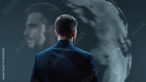 Stylish and handsome man in a dark blue suit, awesome visual effect, spinning shadows and globe, stunning VFX
