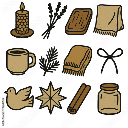 New Year Peace Rustic Natural silhouette set: beeswax candle, dried lavender, wooden tray, linen cloth, ceramic mug, pine sprig, wool blanket, twine bow, hand-carved dove, paper