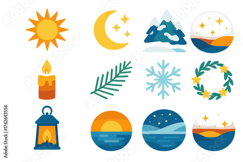 Winter Solstice Magic Celestial Glow Style flat icons: radiant sun, moon crescent, star cluster, snow-covered forest, candle flame, pine branch, frost crystal, lantern light,