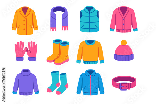 Layered Looks flat isometric set: coat, scarf, vest, cardigan, gloves, boots, sweater, hat, turtleneck, socks, jacket, belt.